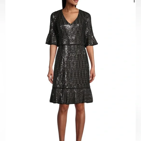 Shani Dresses | Shani V-Neck Black Sequin Dress with Flounce Size 2 | Color: Black | Size: 2